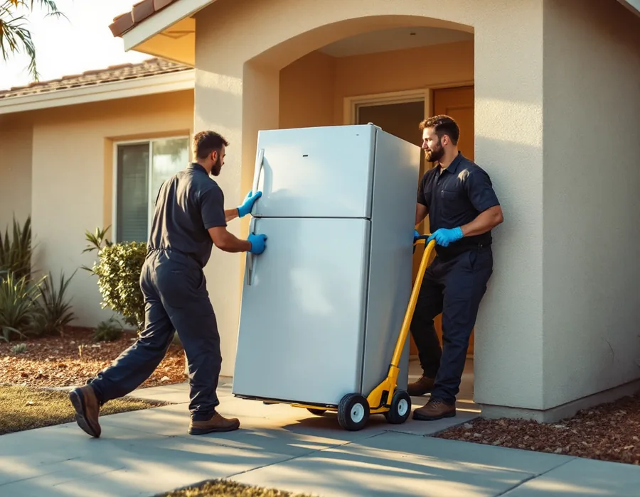 Two workers moving a refrigerator out of a home with a dolly
