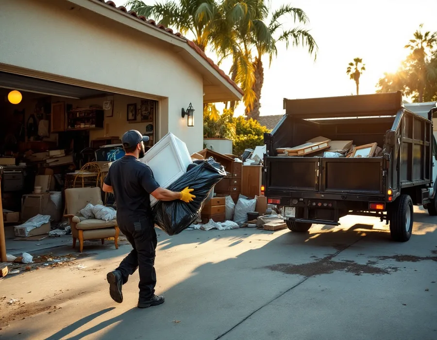 Worker carrying household junk to a dump trailer for removal